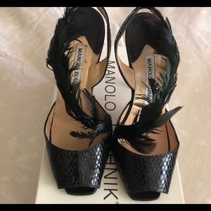 Manolo Blahnik Watersnake/Feather Sandal
